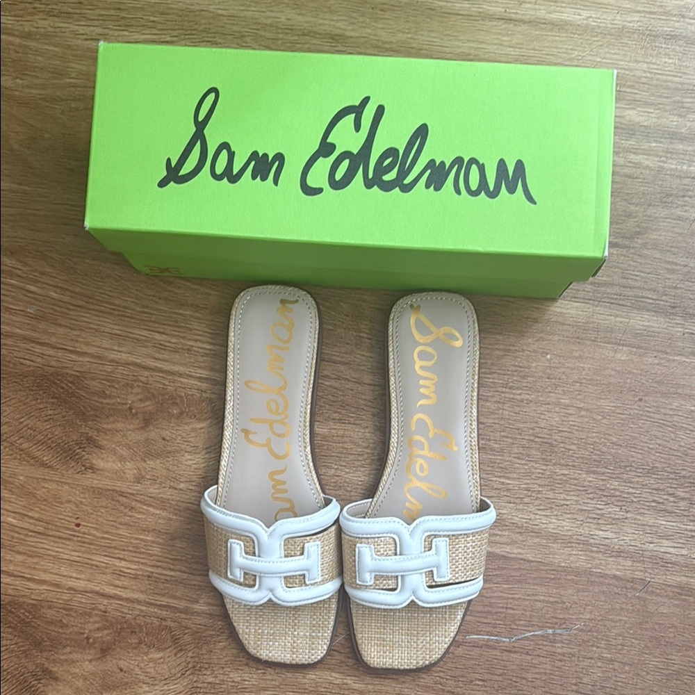 Sam Edelman White and Tan Slide Sandals with H-Style Strap